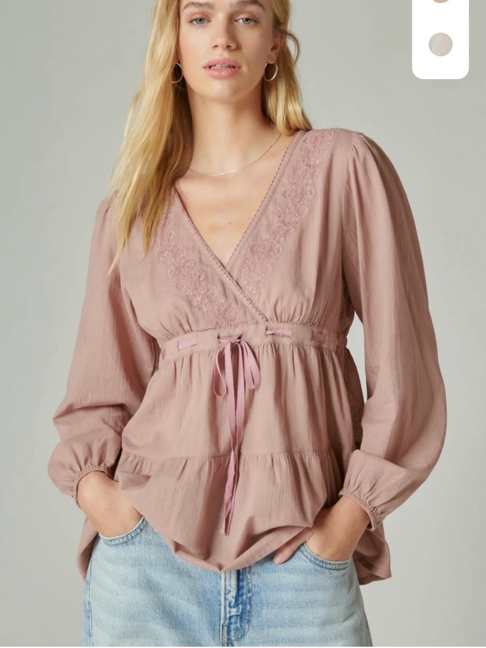 Lucky Brand Mauve Pink V-Neck Peasant Blouse with Tie